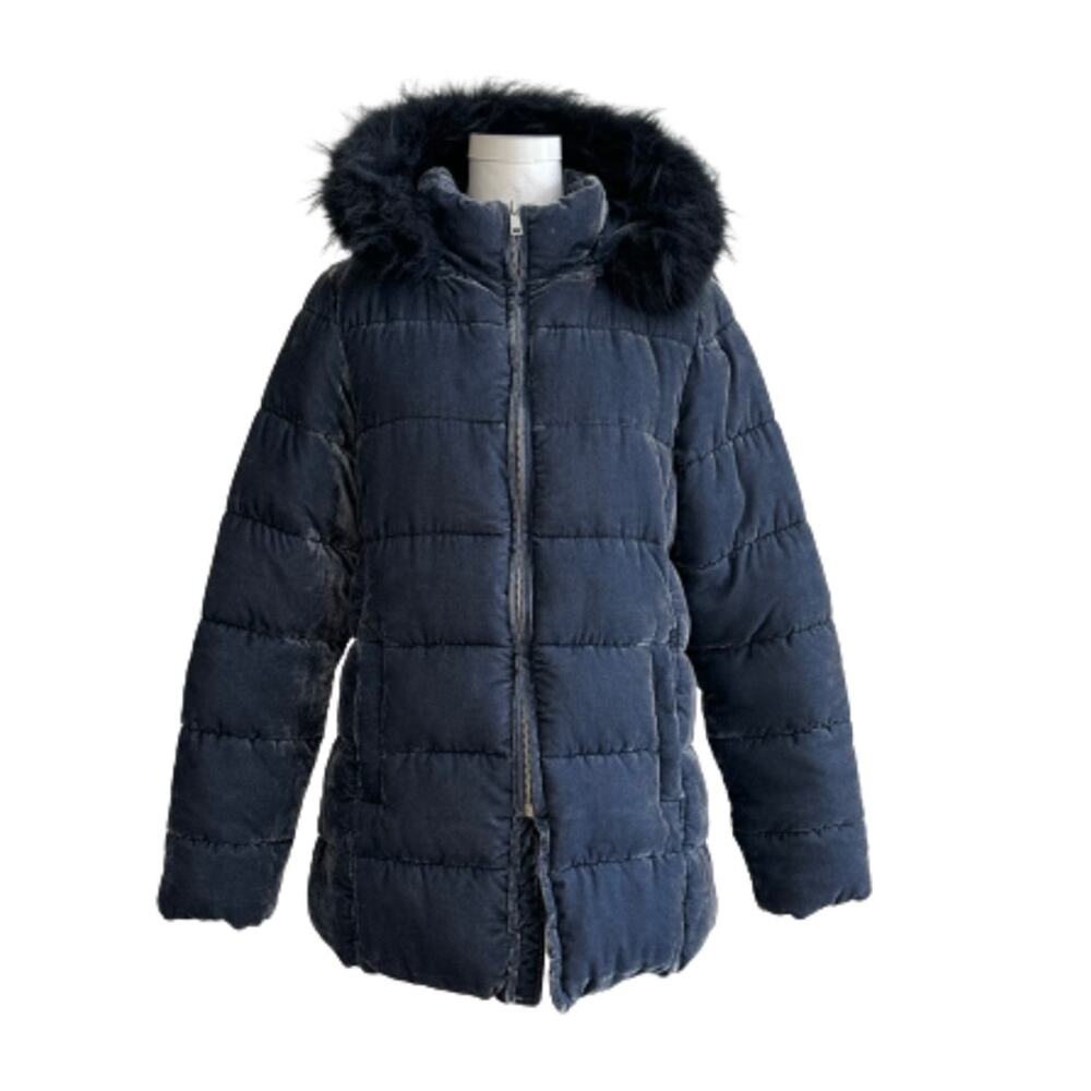 Loft Coat Blue Faux Fur Detachable Hood Crushed Velvet Puffer Quilted Coat Small